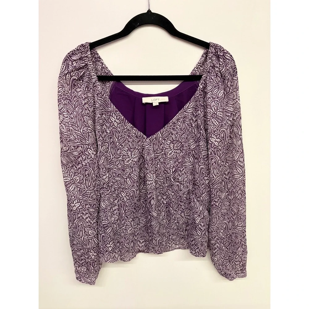 LOFT Cottagecore Paisley Blouse Women L Purple Floral V-Neck Puff Sleeve Boho
